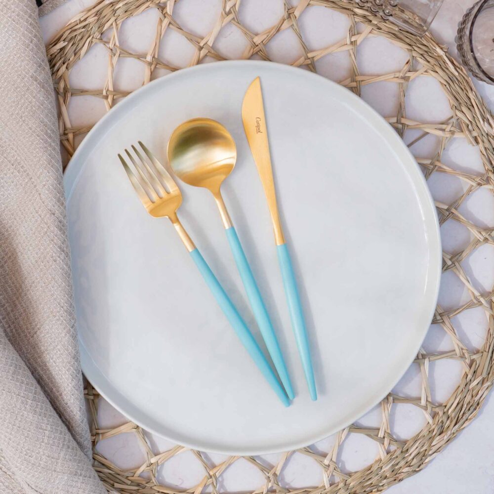 Table Things Cutipol bestek goa turquoise goud gold turkoois bestekset